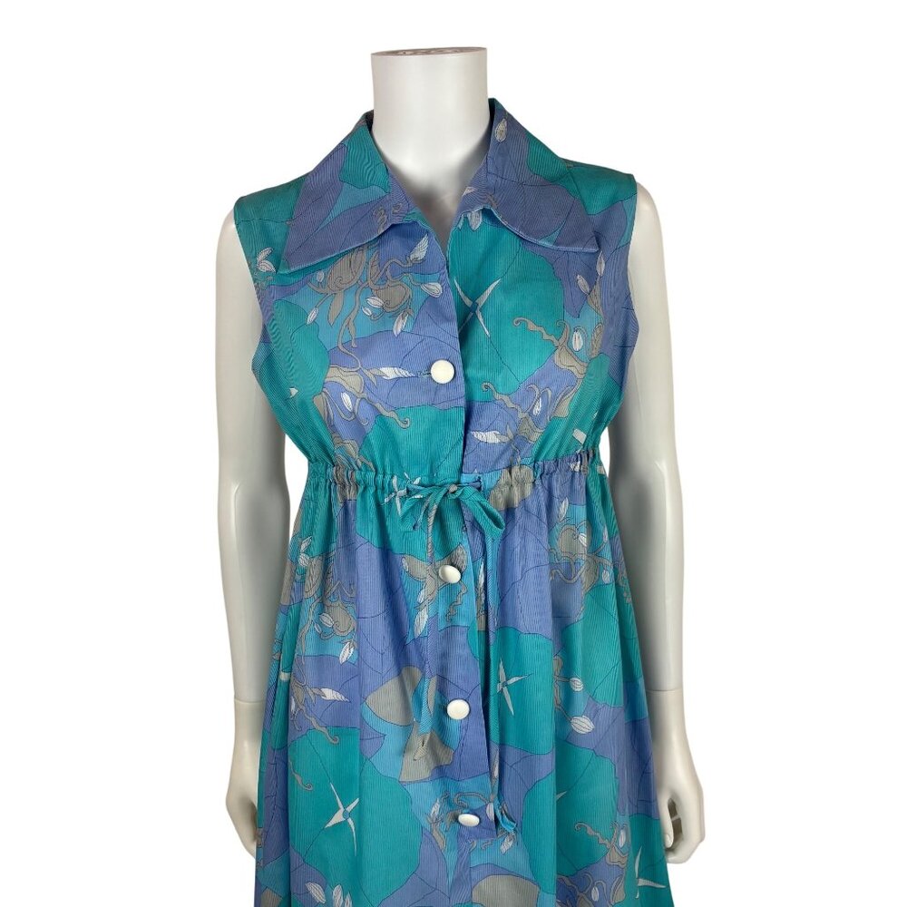 Vintage 70s Maxi Dress Womens Medium Trippy Aqua Lavender Tropical Empire Waist - Picture 4 of 13